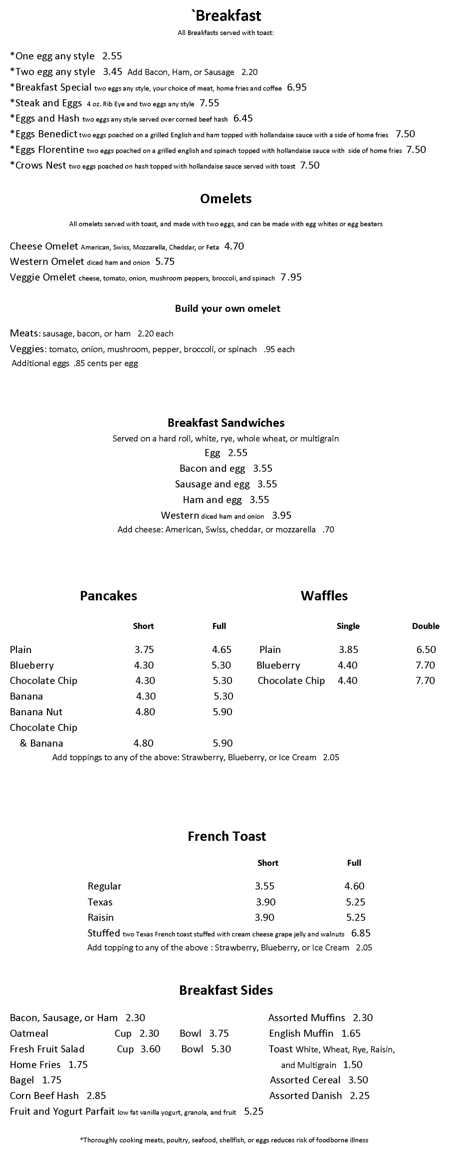 Fritz's Snack Bar Breakfast Menu