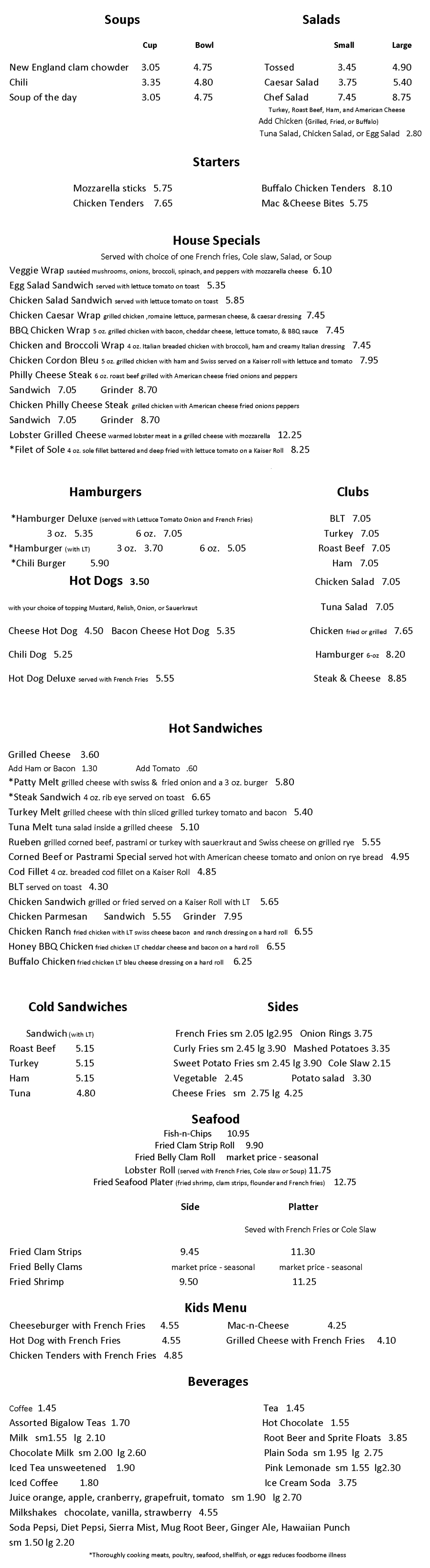 Fritz's Snack Bar Lunch Menu